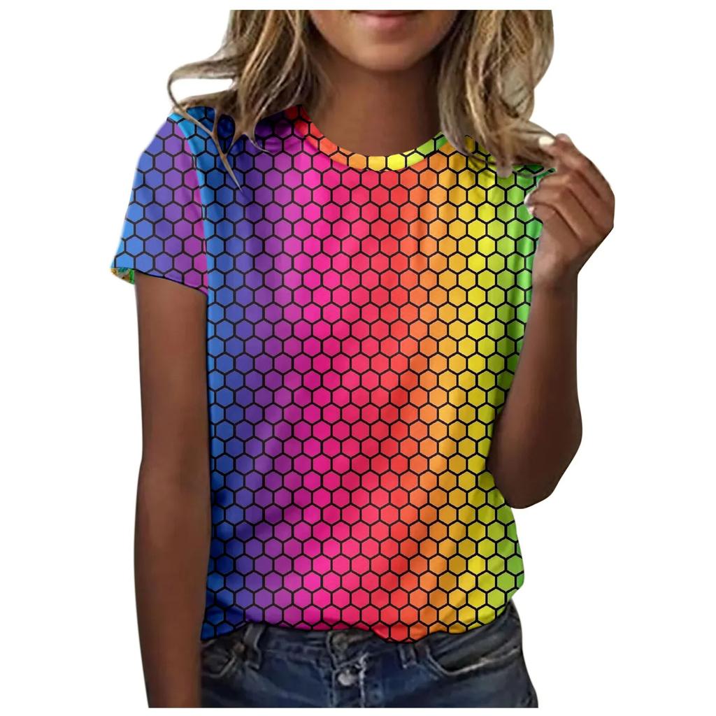Women's 3D Printed Round Neck Short Sleeved T-shirt In Color
