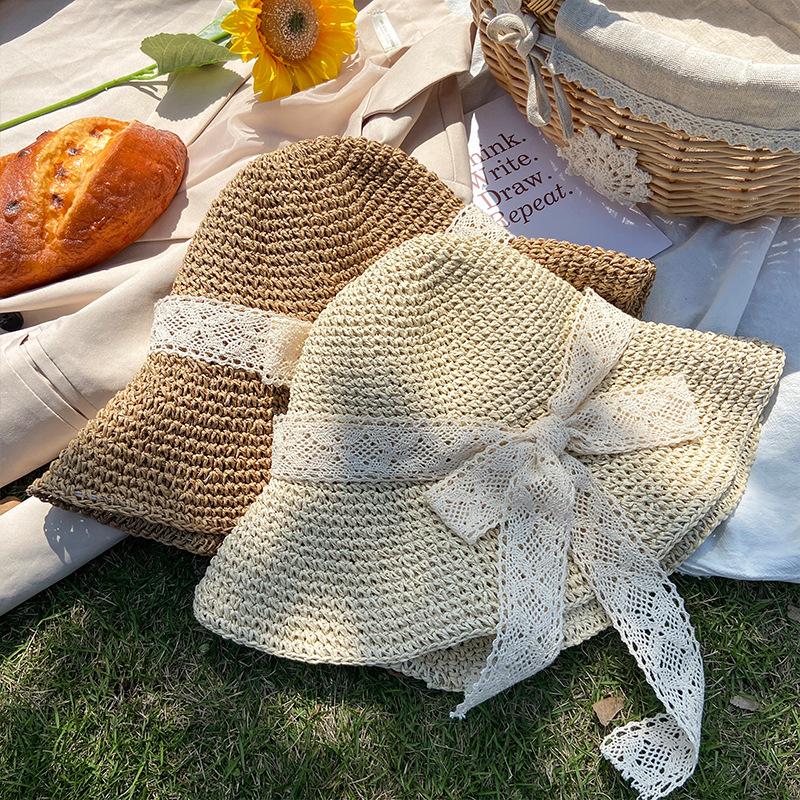 Women's Beige Woven Straw Hat Spring and Summer Japanese Style with Lace Bowknot Hollow Out Breathable Fisherman Hat