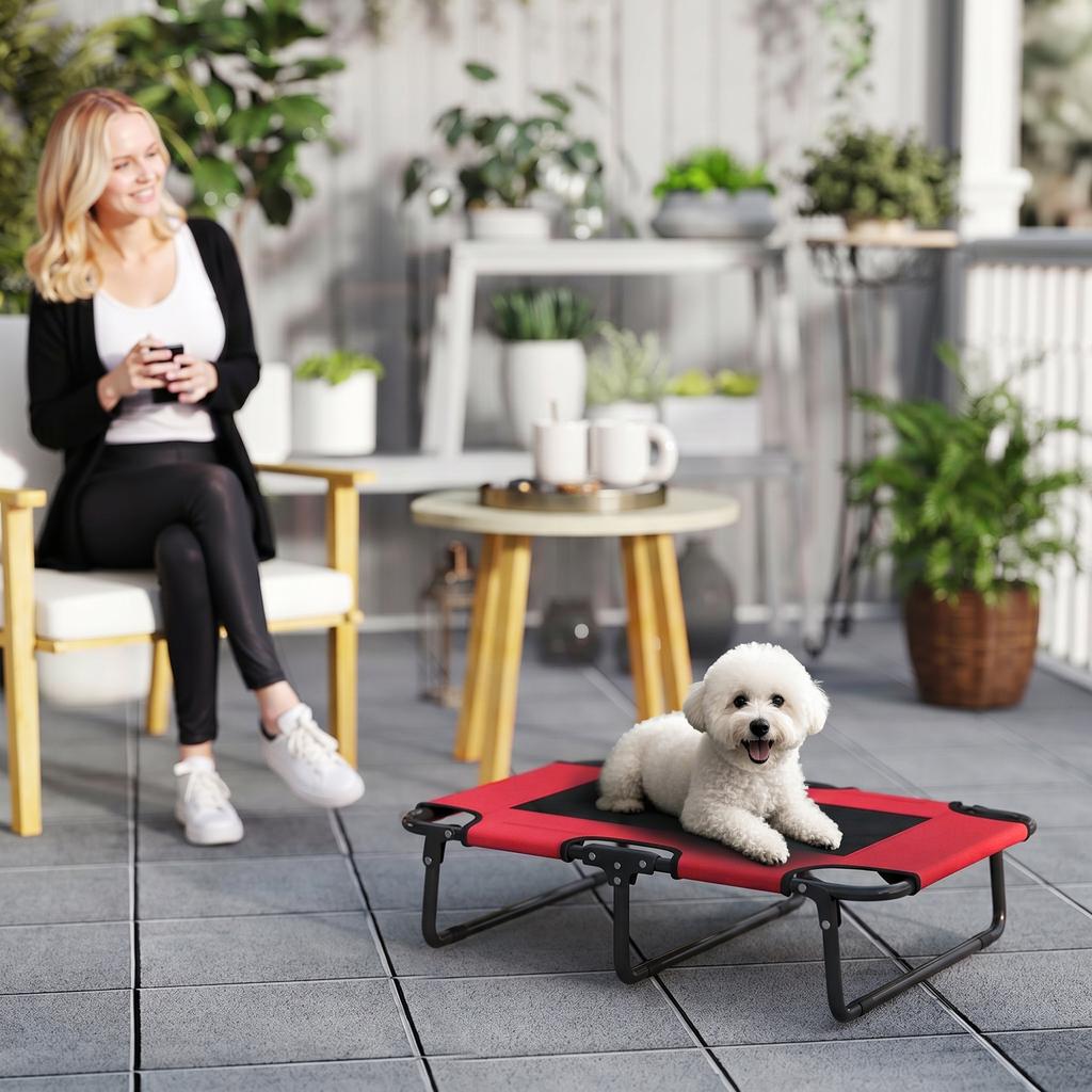 Portable Raised Dog Bed, Elevated Pet Cot with Breathable Mesh for Indoor Outdoor, for Small Medium Dogs, Red