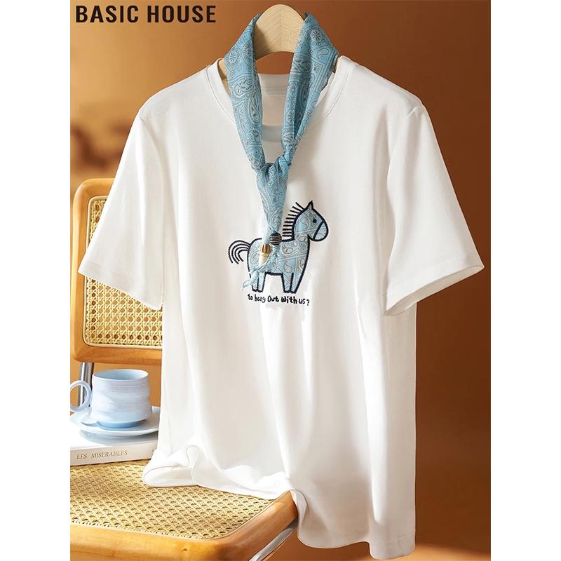 Basic House Women s Embroidered Round Neck Short Sleeve T-shirt One Size