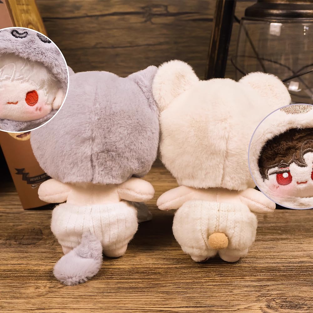 Niannyyhouse Plush Doll Clothing Set (10-15cm) - Hat, Cape, Pants, Wolf Bear Pattern - Plush Doll Dress-Up Accessory (Gray)