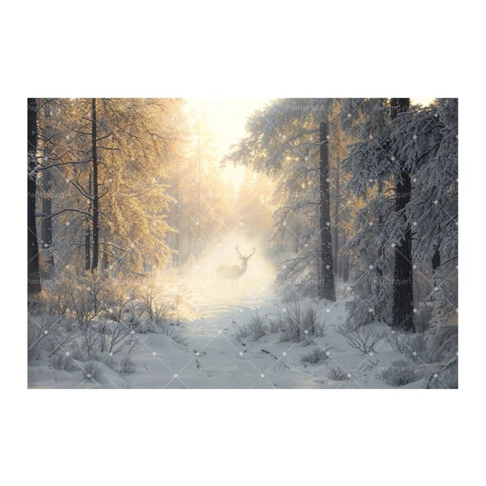Peinture sur toile Forêt enneigée d'hiver nordique Locomotive à vapeur vintage Élan Renard roux Cabane Paysage Affiche d'art Décor de salon
