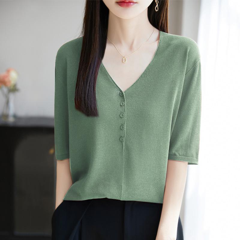 

Женская трикотажная футболка из льна и тенселя класса люкс - Свободный крой, Рукав средней длины, Летний стиль Medium