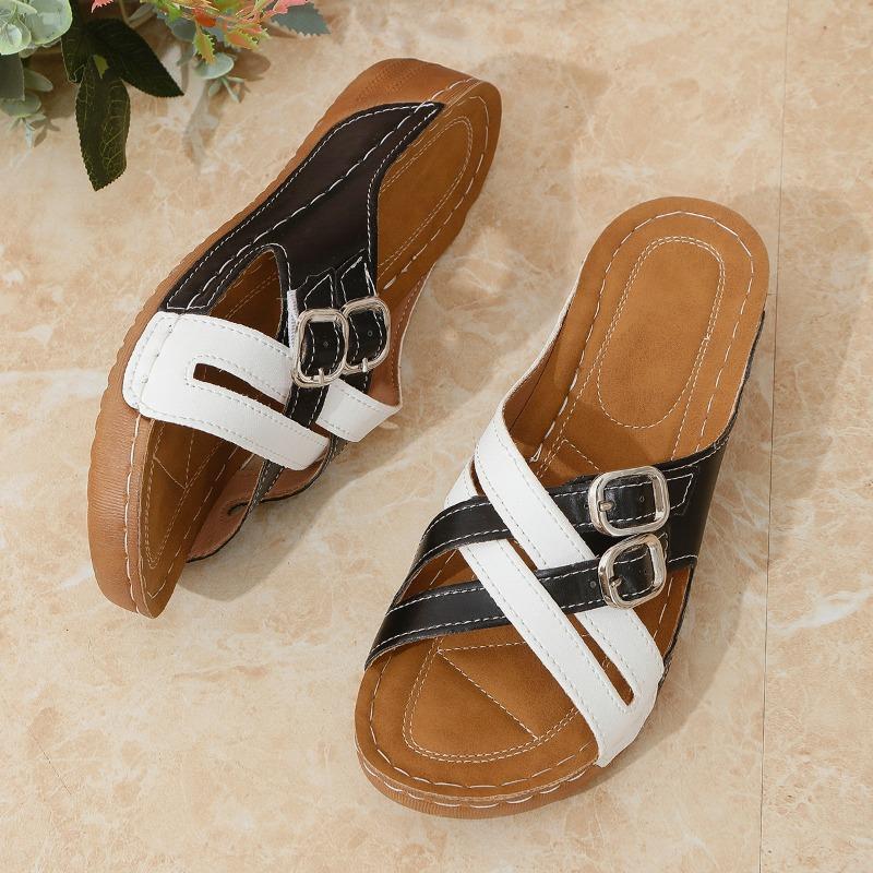 Fashion Flat Sandals Summer New Round Head Open Toe Metal Buckle Collocation Color Soft Sole Anti-slip Wear-resistant Slippers