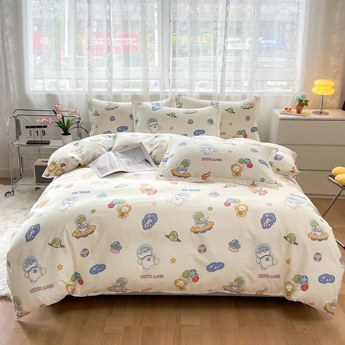 Cute Bear 100% Cotton Duvet Cover Cartoon Theme Bedding Set Kawaii Animal Comforter Cover Heart Print Bed Sets with 2 Pillowcase