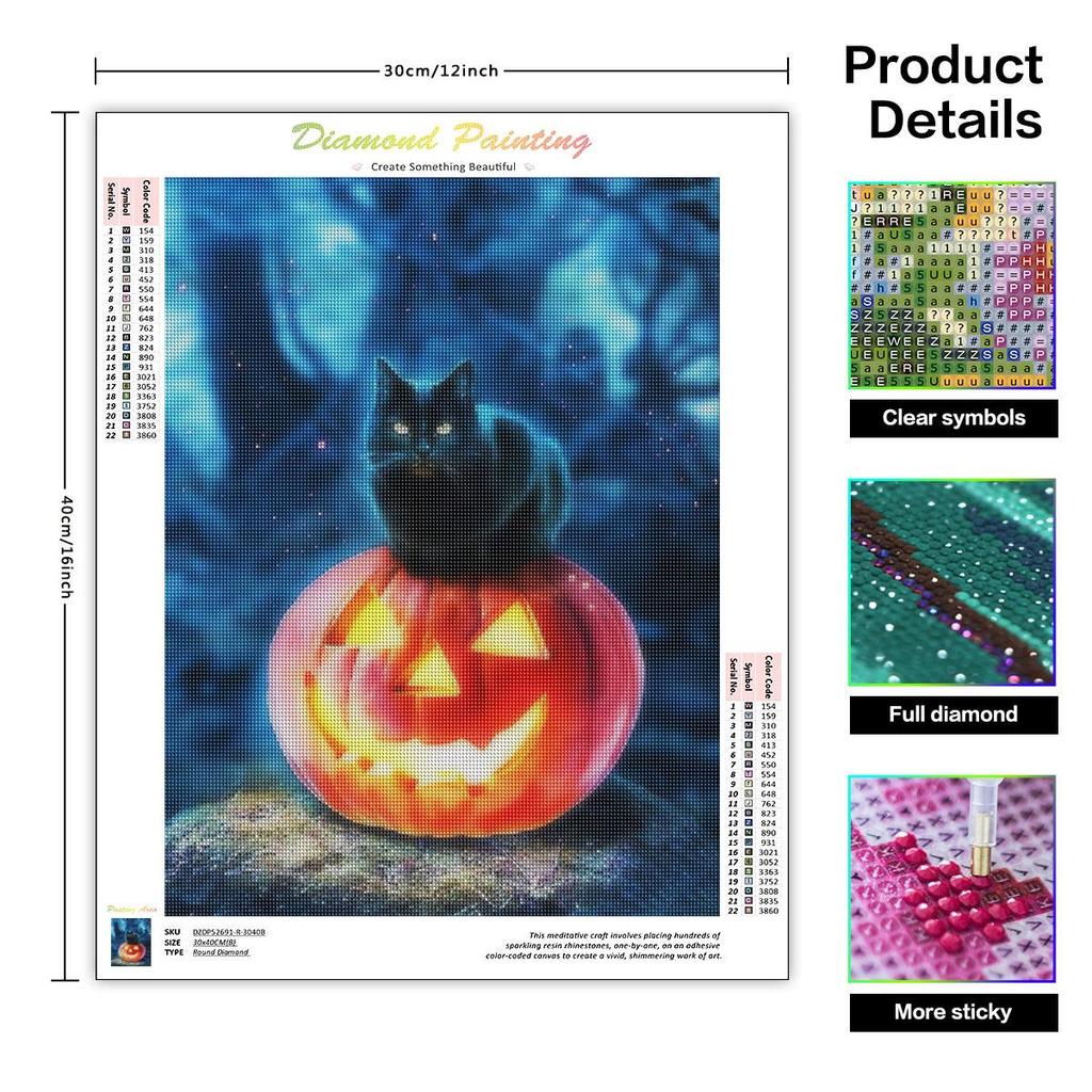 5D diamantmaleri Black Cat Pumpkin Diamond Brodery Halloween Mosaic Rhinestone Kit Gift 30x40cm/12x16inch