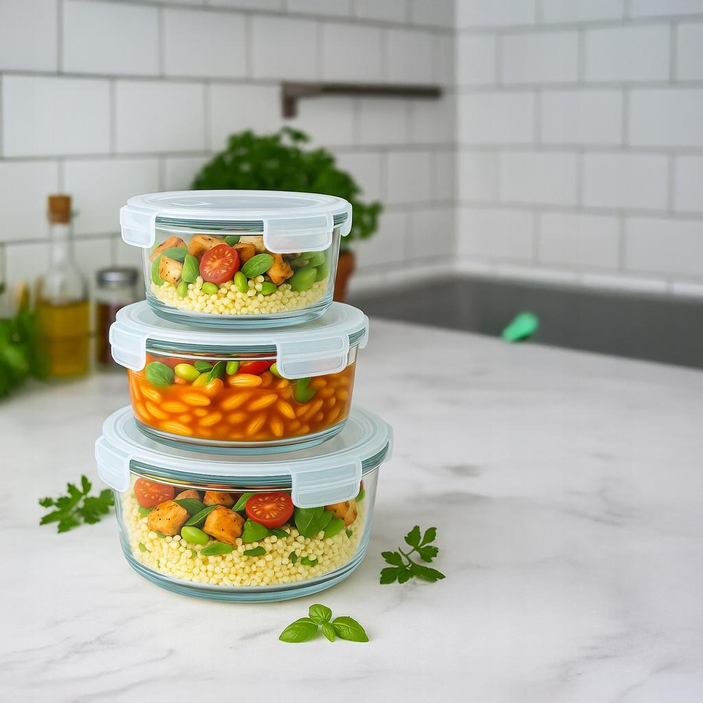 Hermetic round glass container 620 ml for food, salad, lunch, soup