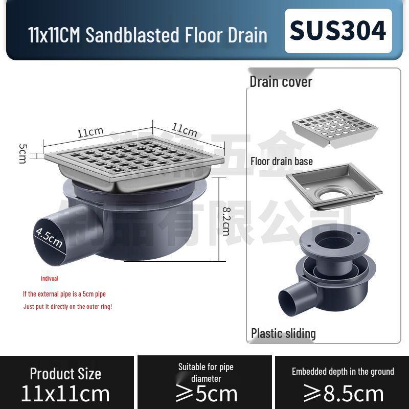 304 Stainless Steel European-Style Large Capacity Square Floor Drain with Sliding Side Drain.