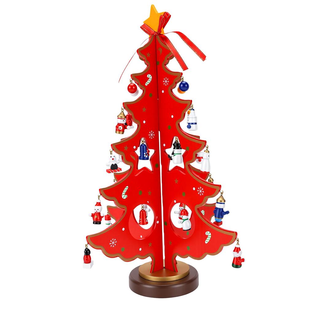 Wooden Xmas Tree Advent Calendar Tabletop Xmas Tree Decoration with Star Topper and 28 Ornaments for Home Red