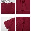 BITCED V-Neck High-Waisted Tie-Detail Dress Solid Color Long-Sleeve Short-Sleeve Dress Vacation Travel Dress