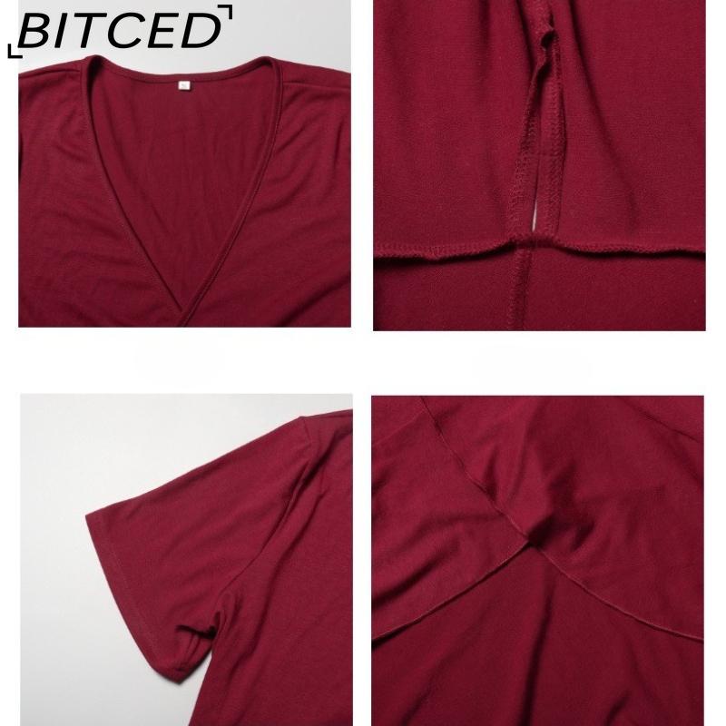 BITCED V-Neck High-Waisted Tie-Detail Dress Solid Color Long-Sleeve Short-Sleeve Dress Vacation Travel Dress