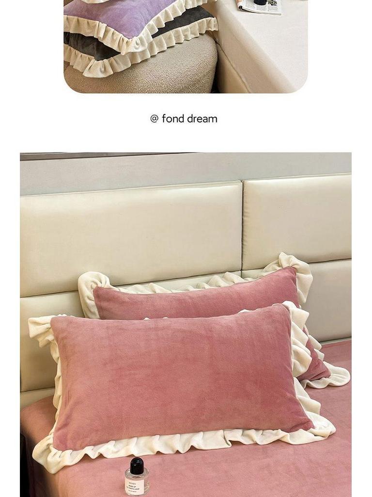 Set of 2 Winter Velvet Pillowcases, 48x74, Solid Color with Lace, for Girls and Dorms