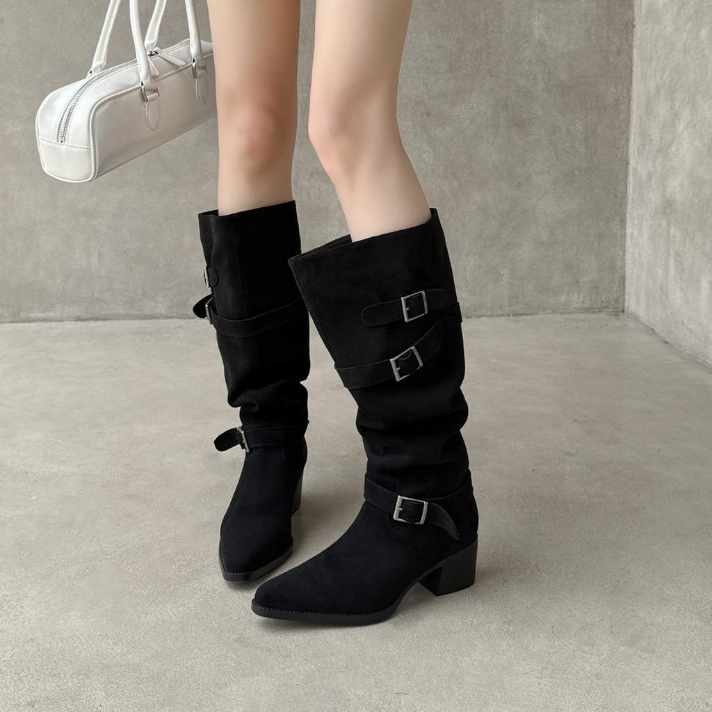 Big Tube Around the Boots of Women In the Autumn and Winter of 2025 Large Size Hot Girl But Knee Boots Pointed Thick Heel Thin Pile Boots Women