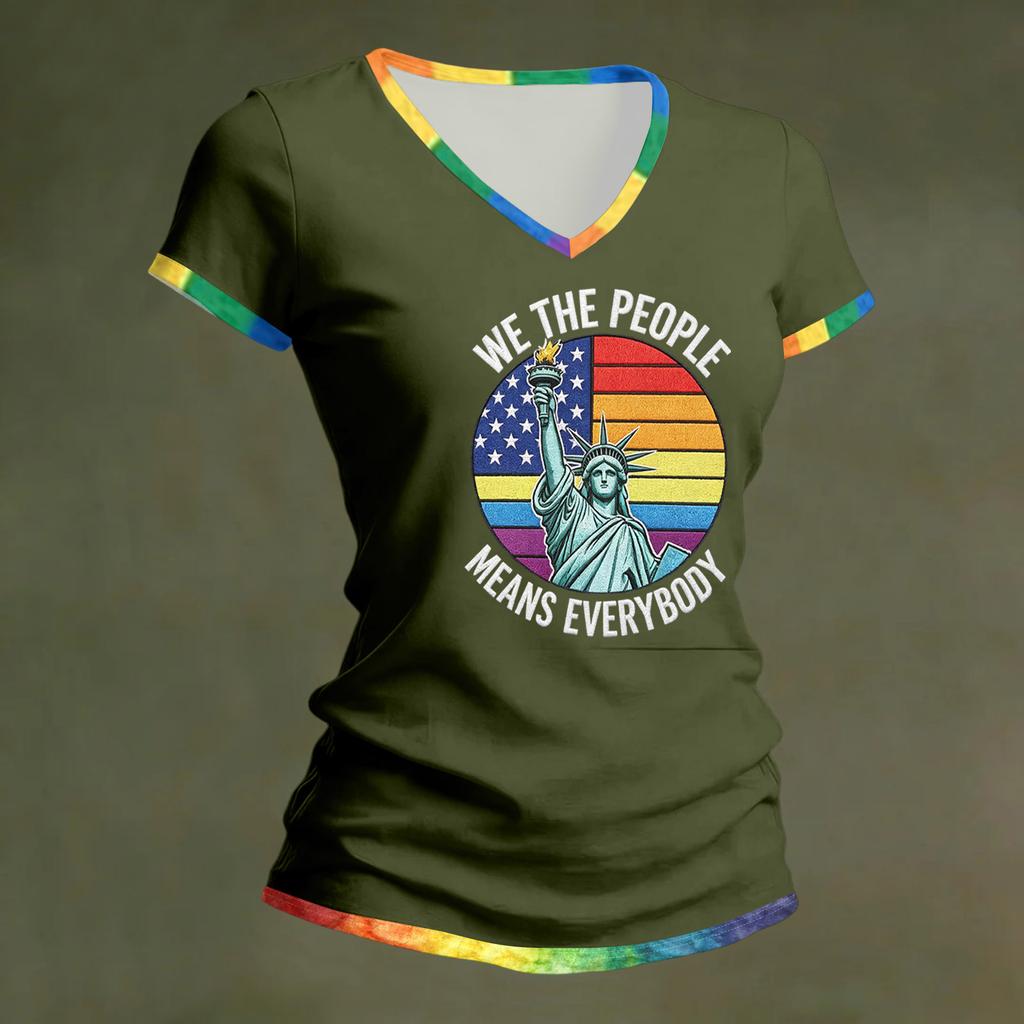 Women's Casual V Neck Short Sleeve T Shirt with Statue of Liberty Graphic and Patriotic Print for Everyday Wear and Outdoor Activities