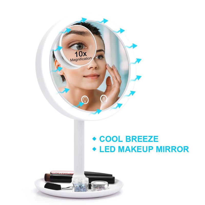 Cosmetic Mirror with Fan 3 In 1 LED Make MirrorMagnifying Mirror 180 Degree Rotation Removable Table Mirror Home Travel | Bath Mirror