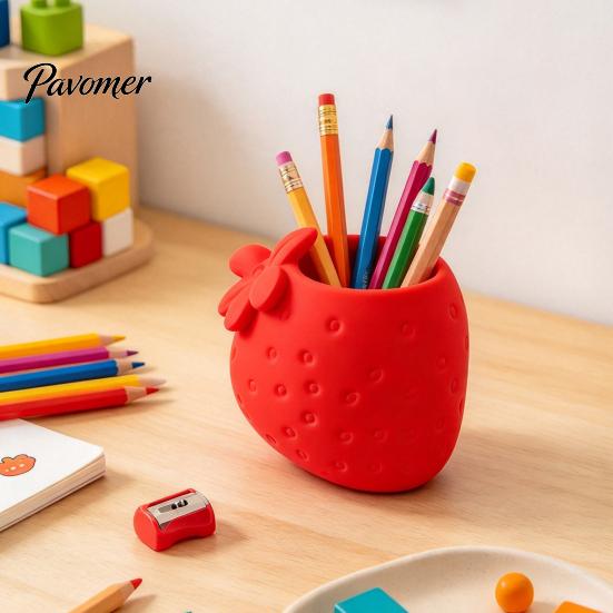 PLA Aesthetic Desk Accessories 3D Printed Strawberry Pen Holder, Creative Desktop Organizer for Pencils and Makeup Realistic Fruit Shaped Storage