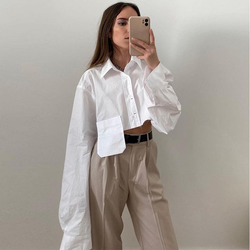 Autumn Fashion Chic White Women Blouse Sexy Lapel Long Sleeve Crop Shirts Lady Streettop Woman Blusas Clothing Pockets