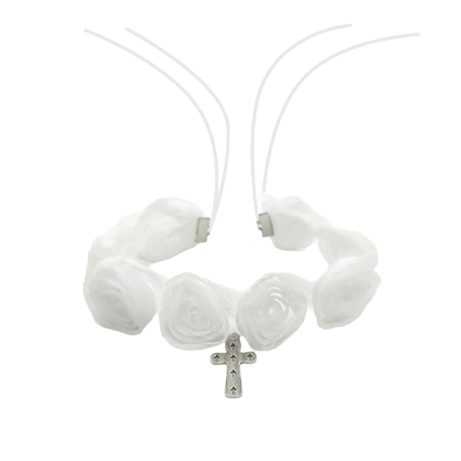 

Stylish Adjustable Lace Rose Necklace Elegant White Lace Rose Necklace with Crosses Pendant Chic Clavicle Chain Charm 2