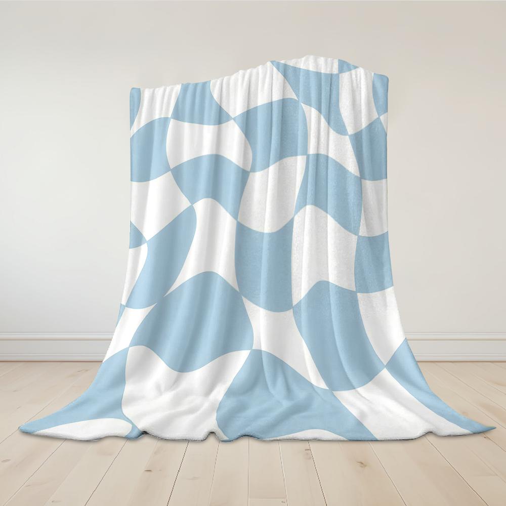 Blue Wavy Checker Flannel Blanket Warm Soft Halloween Christmas Couch Warm Cozy Decorative Decor Gift For All Season