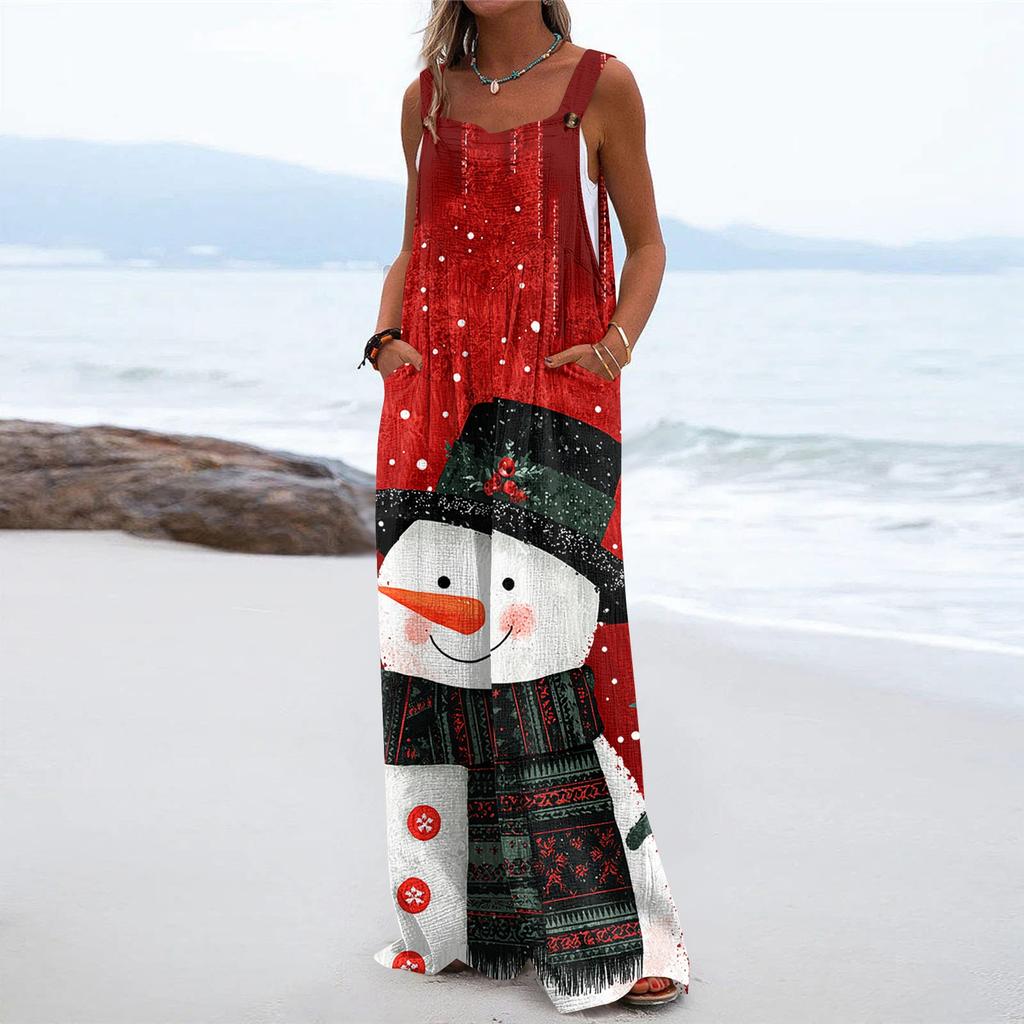 Women's Christmas Print Solid Wide Leg Strapless Tank Pocket Casual Onesie