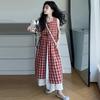Summer Girls Retro Red Plaid Vest Dress Sets Thin French Style Strappy Sundress Casual Vacation Outfit Teen Kids Clothes
