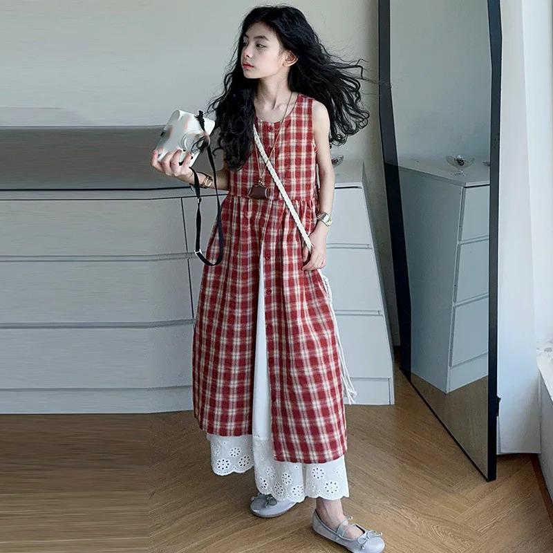Summer Girls Retro Red Plaid Vest Dress Sets Thin French Style Strappy Sundress Casual Vacation Outfit Teen Kids Clothes