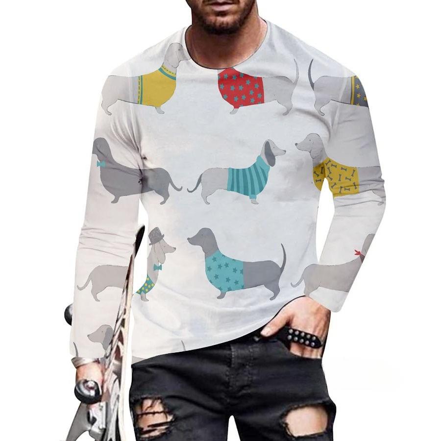 Spring and Autumn Round Neck 3D Dachshund Printed Top Fashionable Casual Long Sleeved Men's T-shirts