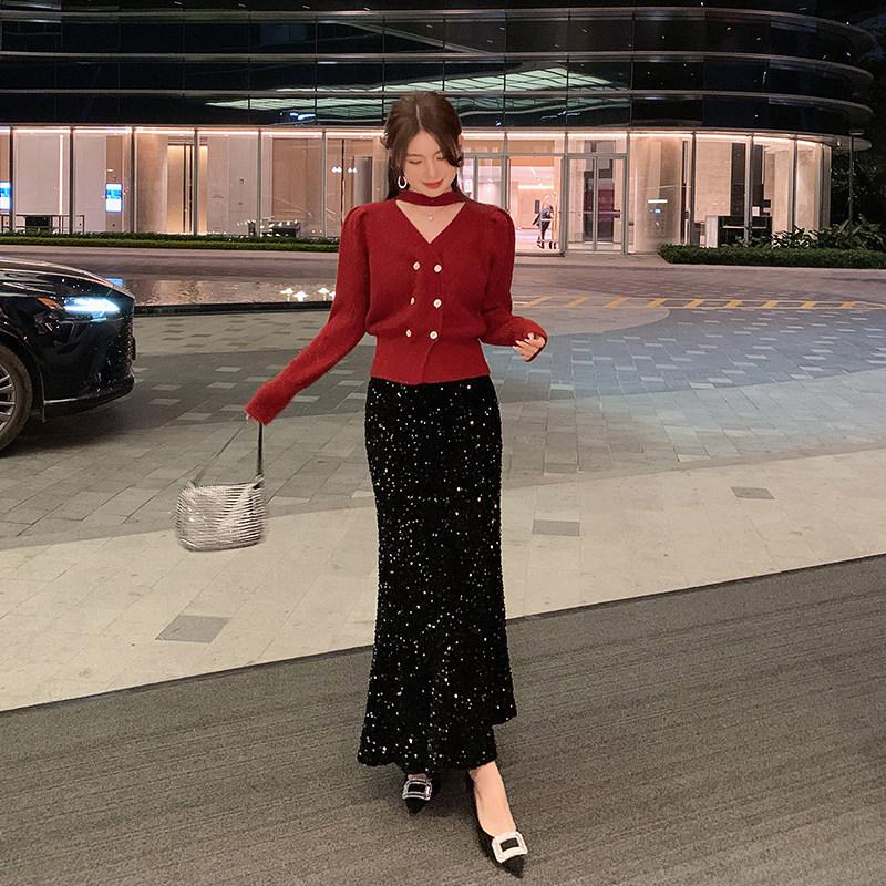 Island Song Fishtail Sequin Skirt Black A-line Midi Women's High-Waisted Autumn/Winter 2025