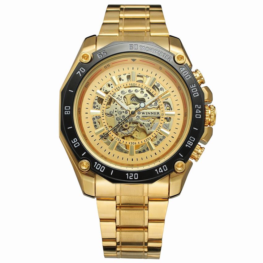 New Luxury Black Gold Automatic Mechanical Watch For Men Full Steel Skeleton Wristwatch Clock Big Dial Relogio Masculino