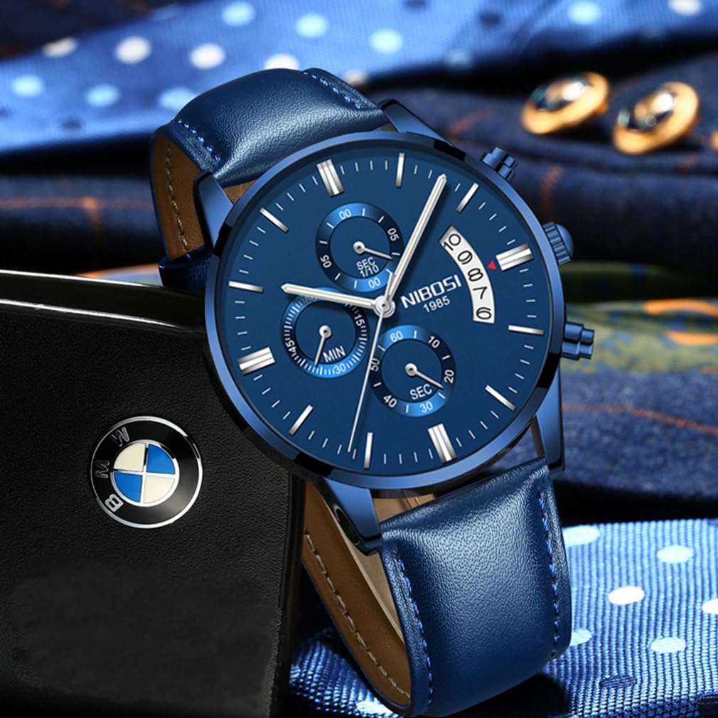 NIBOSI Watch Leather Strap Chronograph Waterproof Brand Analog Business Wristwatch Stylish Casual Big Face Watch Luxury Gift Blue Watch for Men Men's