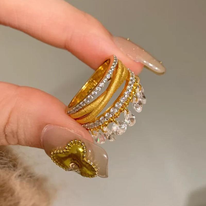 Brushed Cross Lines Zircon Water Droplet Pendant Open Ring For Women Vintage French Niche Luxury Jewelry Gift Wholesale