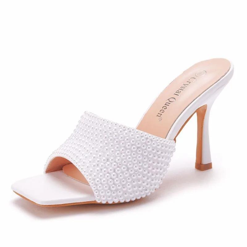 Fashion Summer Pearl Water Diamond 9cm Square Head High Heel Slippers Fashion Fish Mouth Wine Glasses Temperament Beaded Shallow Sandals