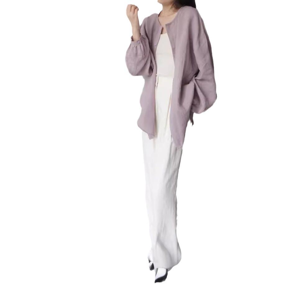 High-End Grayish Purple Linen Long-Sleeve Shirt & Culottes Set