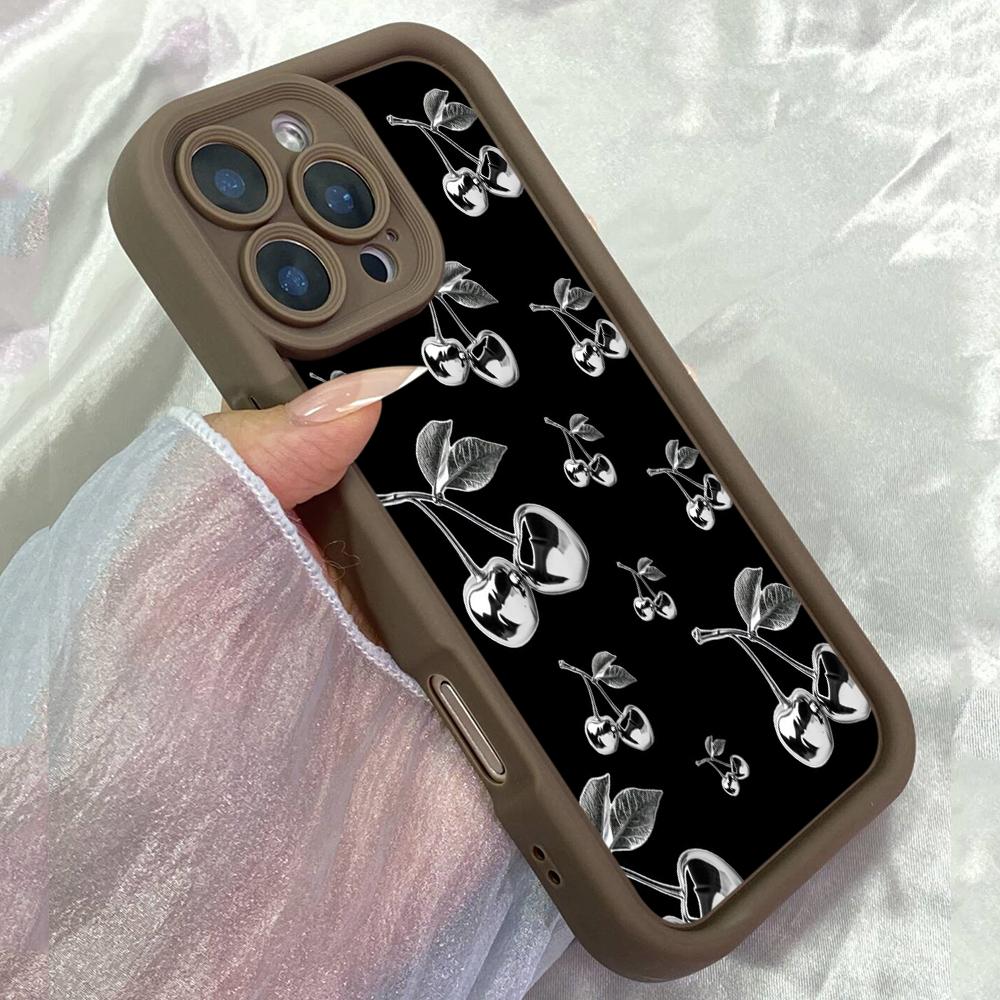 JT74 Black Cherry Phone for iPhone 17 16 15 Pro Max Samsung S26 S25 S24 Ultra A17 A16 A07 A56 Xiaomi 15T Redmi Note 14 Pro Plus Soft TPU Case Cover