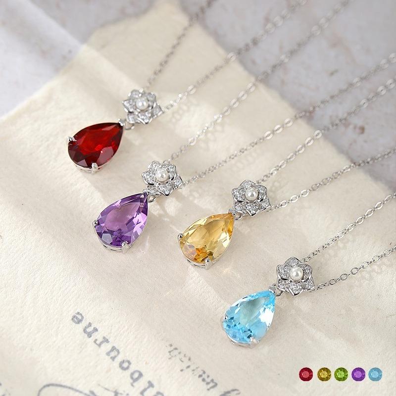 Natural Stone Crystal Pendant S925 Silver Necklace Female European and American Style High-end Crystal Clean Ice Flower Cut Colored Treasure Pendant