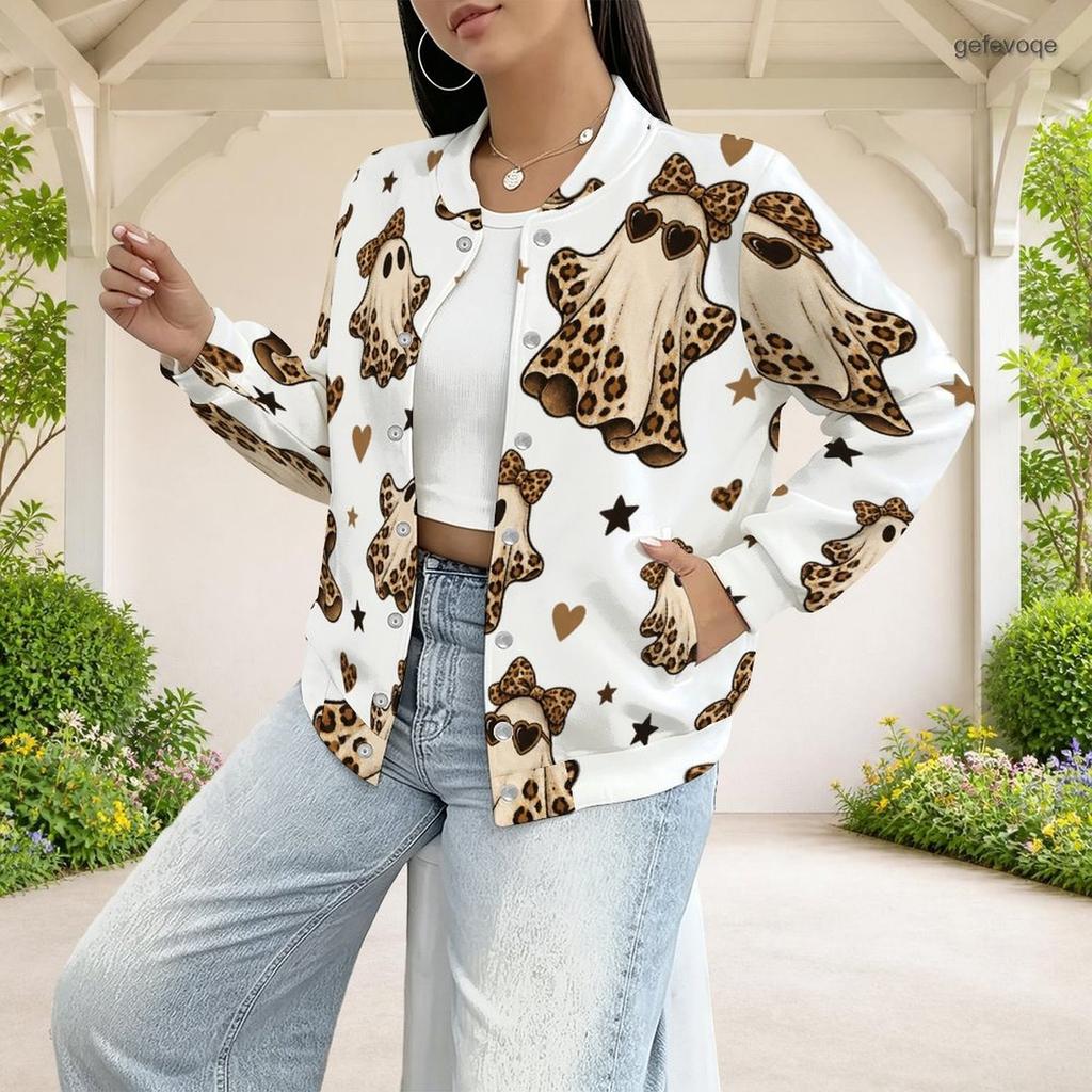 Women Plus Size White Leopard Heart Lock Printed Baseball Collar Long Sleeve Jacket With Pockets