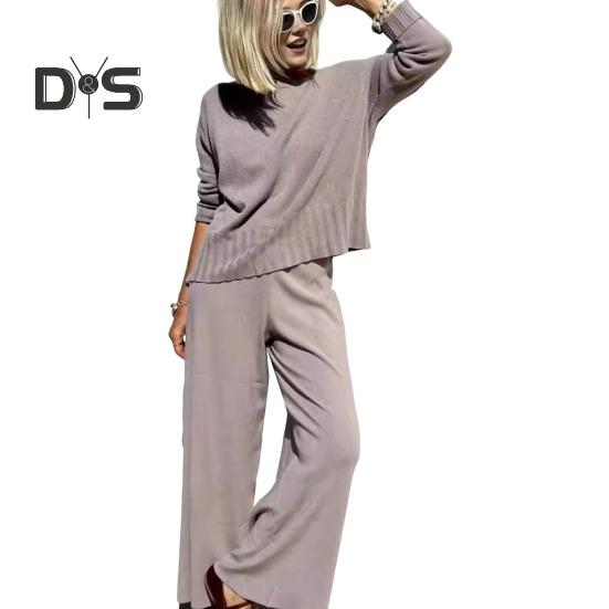 2 шт./комплект женский топ брюки костюм круглый вырез длинный рукав трикотажный — фото 14