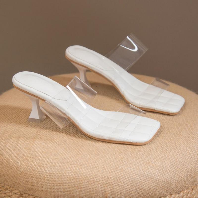 Fashion Summer New Stiletto Slippers Women Fashion Square Head Open Toe Transparent Strap Non-slip Temperament High-heeled Sandals
