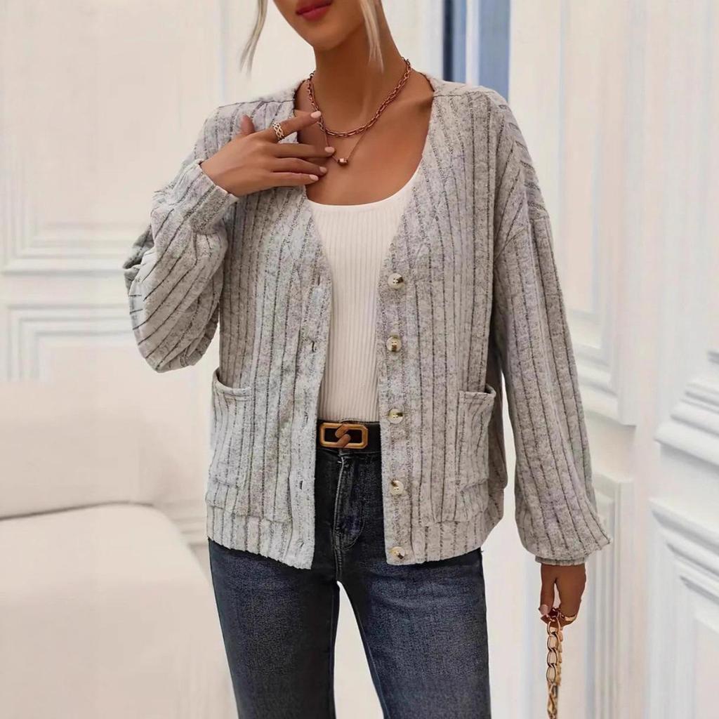 European and American Women's Solid Color V-Neck Button Cardigan Coat, Loose Fit, Long Sleeve, 2025 Spring/Autumn/Winter Collection.