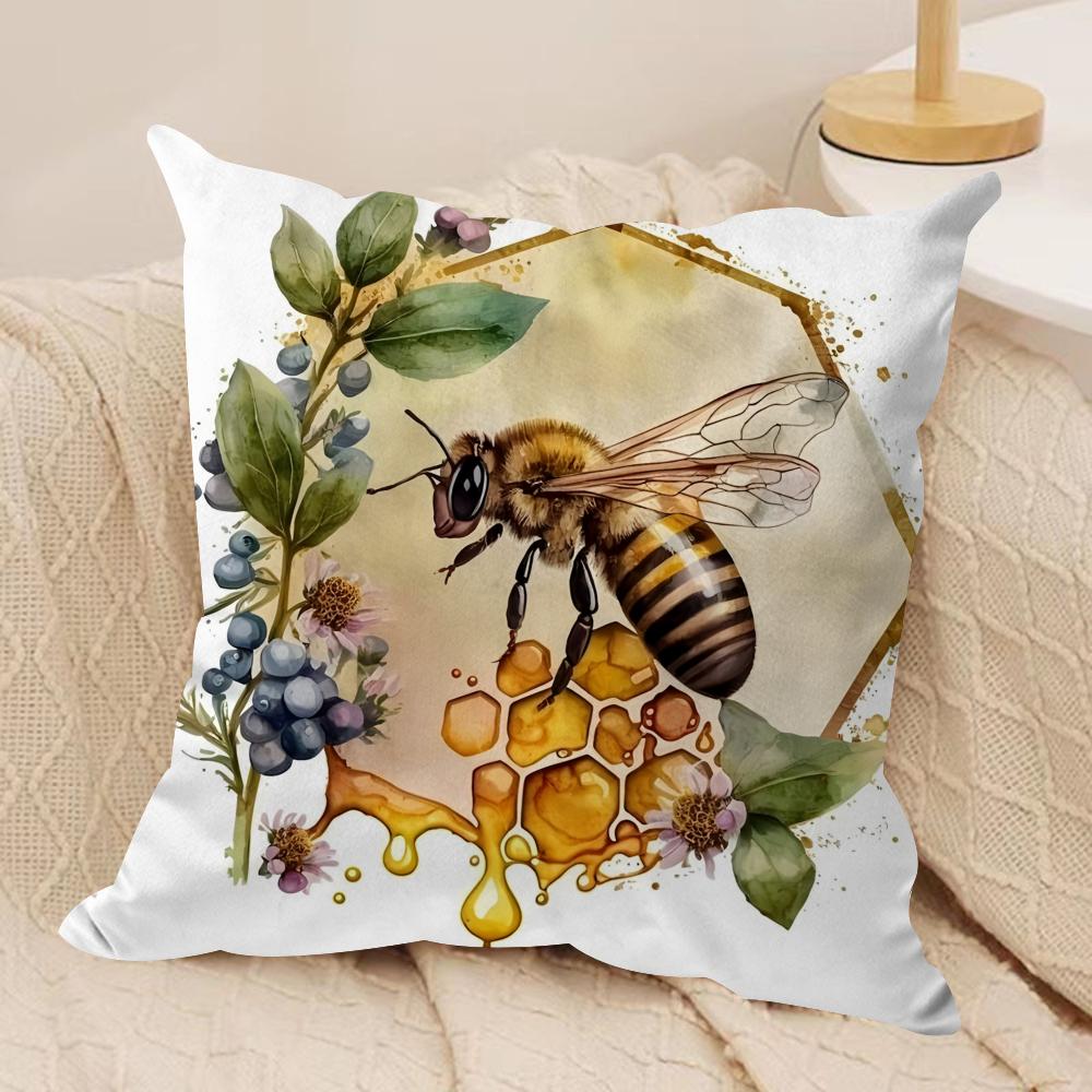 Bee and flowers Cushion Cover Soft Plush Fabric DoubleSided Printed Sofa Cushion Cover for All Seasons Home Decor Gift