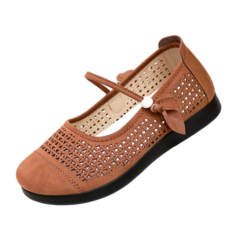 Ladies Round Toe Hollow Out Low Heel Mary Jane Shoes Flat Comfortable Casual Slip On Breathable Design Lightweight Footwear for Daily Wear