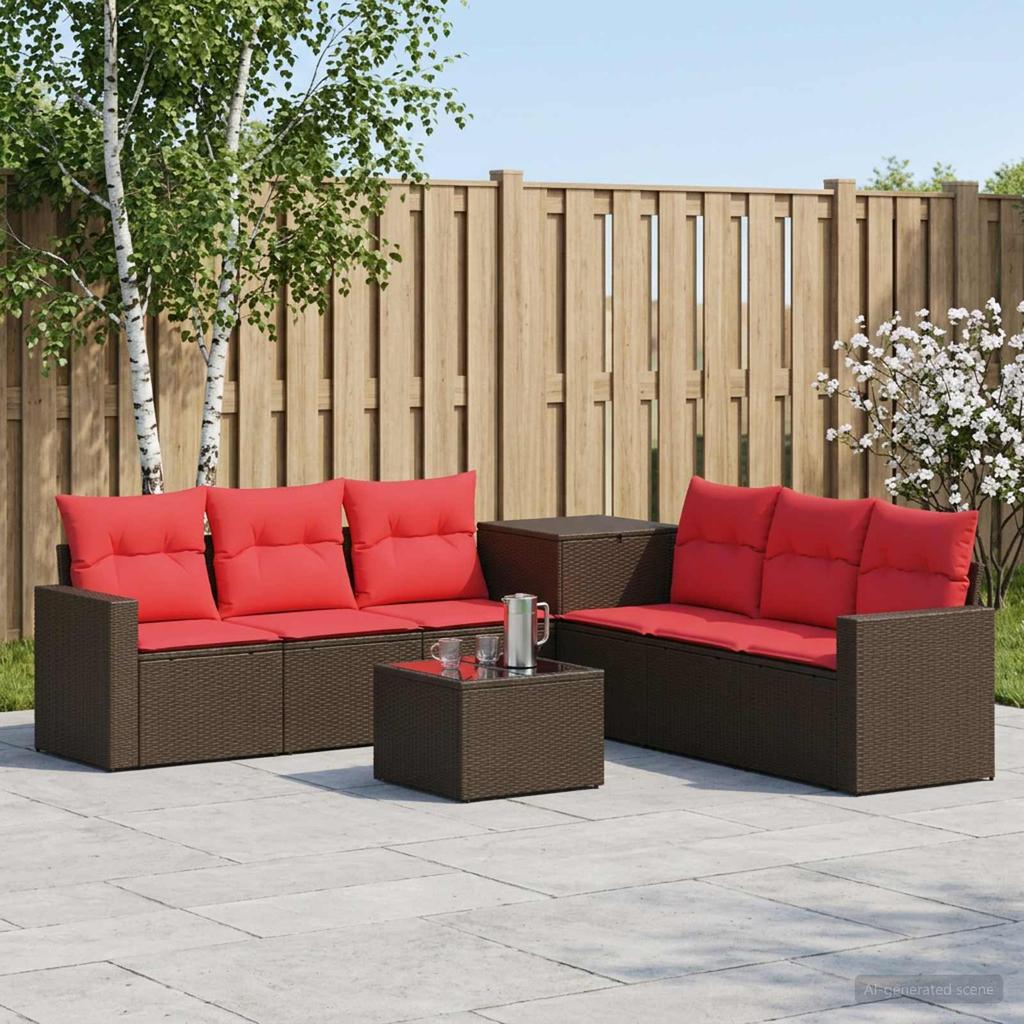 Sofa Set 8 Pieces Brown and Red Poly Rattan and Steel