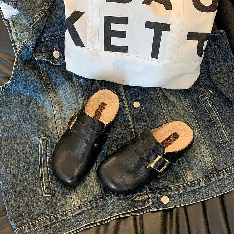 

Soft fur fur bag head half slippers women wear thick-soled plush round head cotton shoes in winter, warm snow boots Muller shoes 35