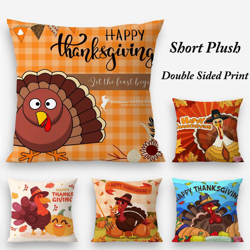 Thankful Festival Turkey Pillow Case Plush Fabric Soft Double Sided Print Sofa Cushion Cover Throw Pillow Covers