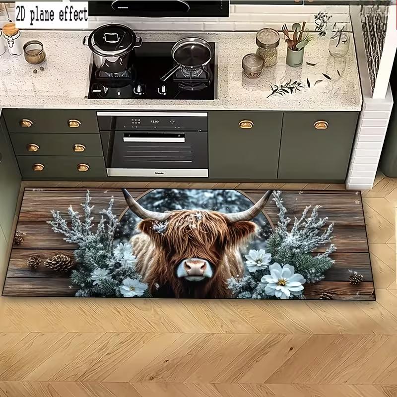 Highland Cow Kitchen Rug Farm Mother and Baby Cow Pattern Non Slip Floor Mat for Kitchen Rustic Country Home Decor