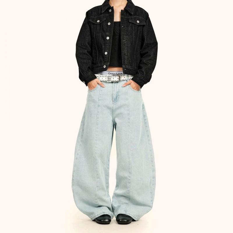 Ice Blue Retro Wide Leg Denim Pants Unisex Loose Fit High Street Style Cotton Blend Jeans