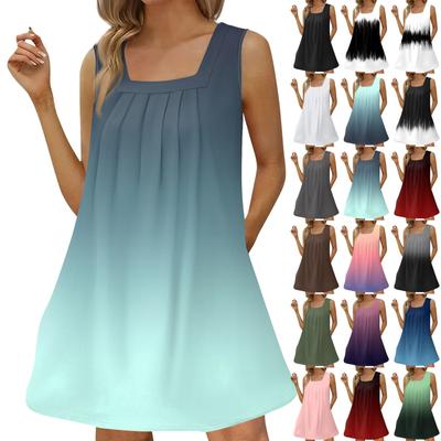 Women's Fashion Casual Square Neck Sleeveless Dress Pleated Tank Dress Print Beach Dresses