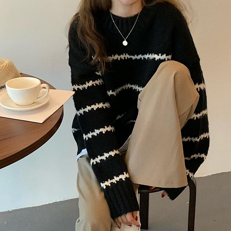 Retro Round Neck Loose Autumn Pullovers Sweaters Women Fashion Long Sleeve Striped Knitted Sweater Ladies Elegant Slim Jumpers Winter Clothing 25534