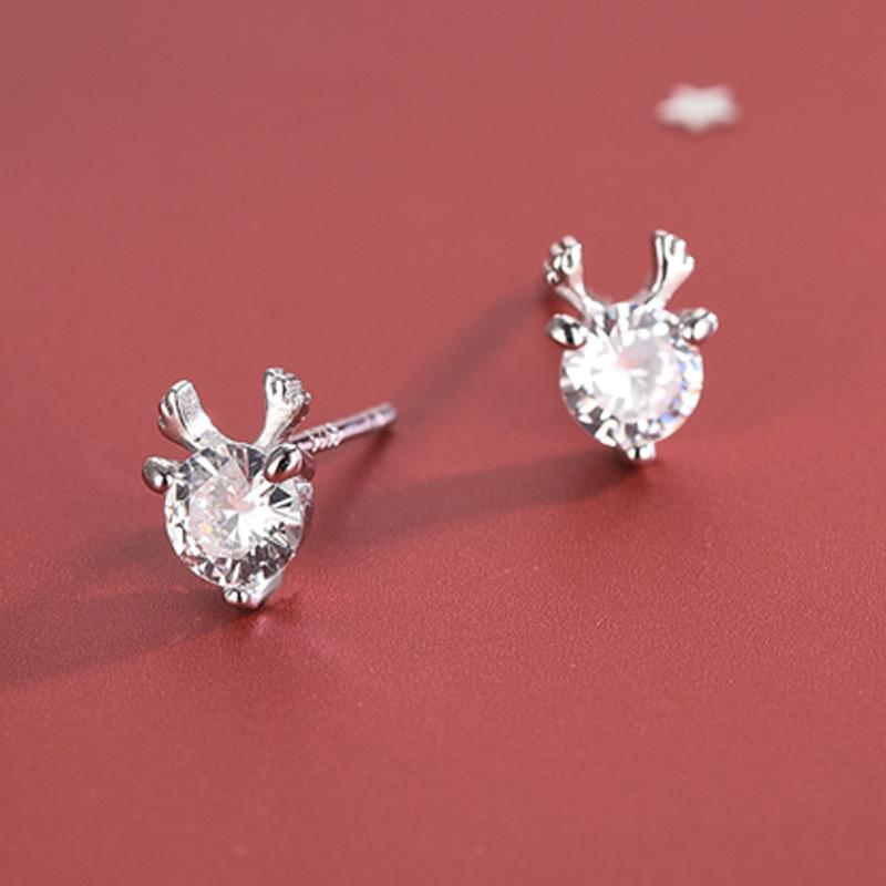 Banyan Tree S925 Silver Deer Antler Diamond Earrings - Korean Style Cute Elk Design for Women