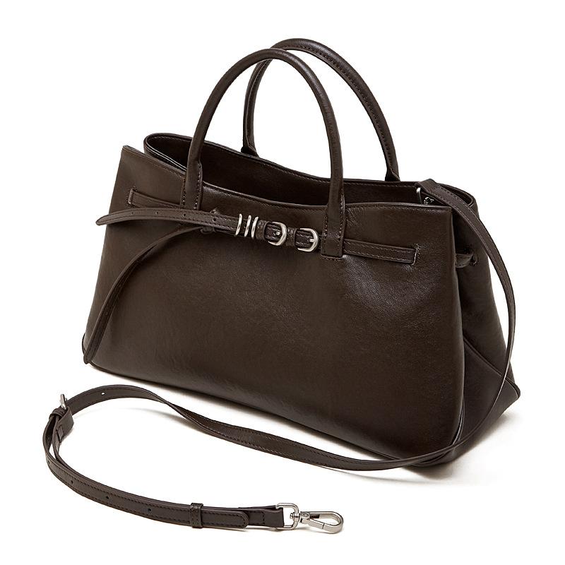 Genuine Leather: Niche Hand-held Women's Bag, Retro and Simple Belt Buckle Briefcase, Single-shoulder Crossbody Bag